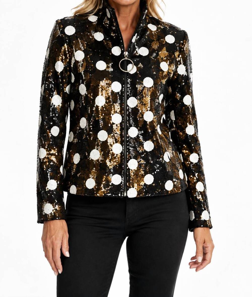 NEW BEREK sequin reversible polka dot jacket in black gold white
